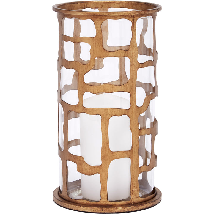 Elegant Myrick candle hurricane in dark gold, perfect for tabletops, mantels, or decorative displays.