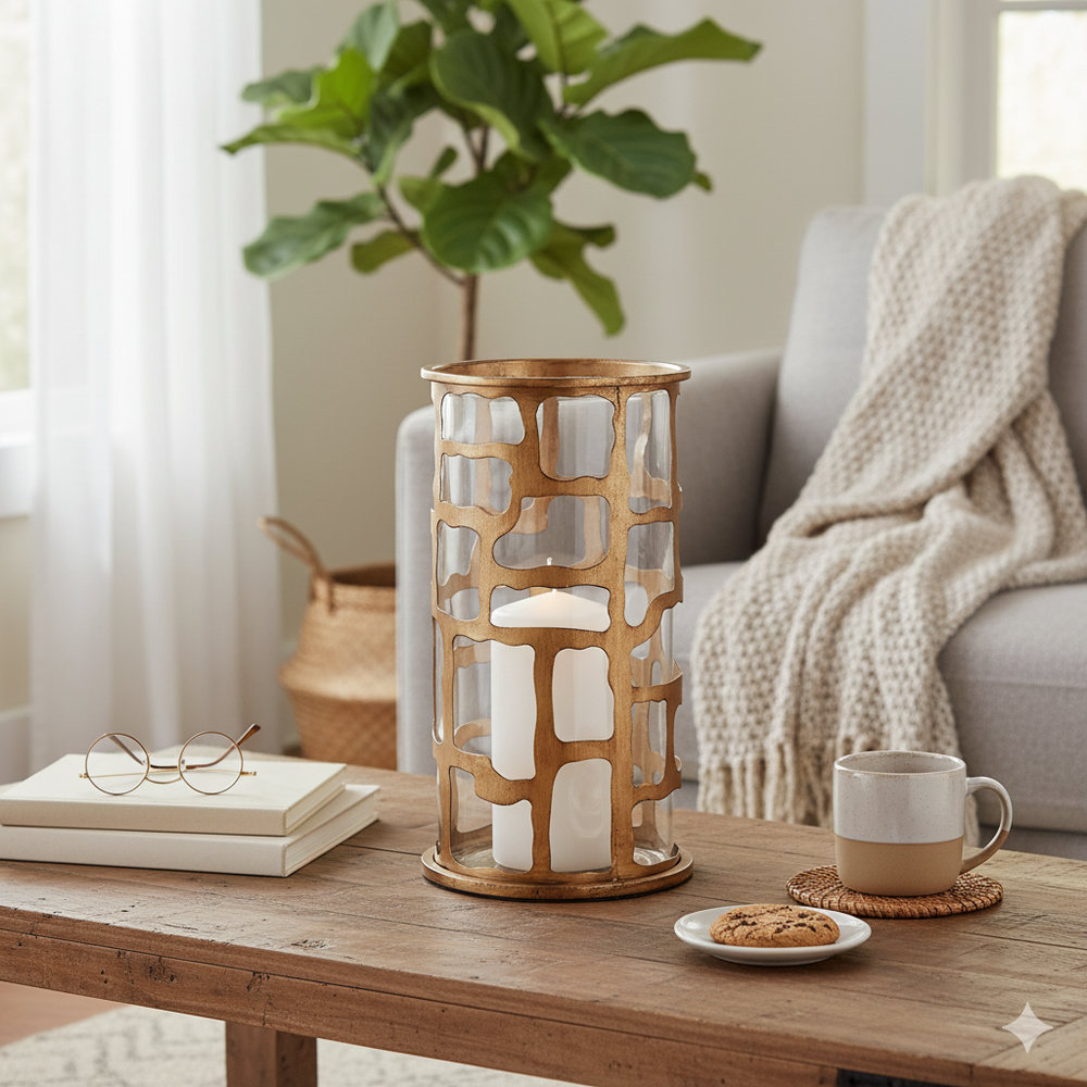 Stylish dark gold Myrick candle hurricane, adding a touch of luxury and modern elegance to any space.