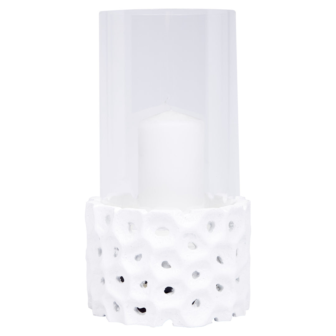 White gesso candleholder with perforated sides and candle cup