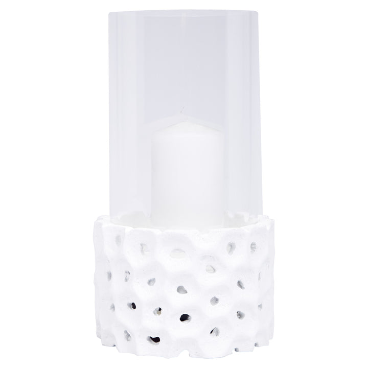 White gesso candleholder with perforated sides and candle cup