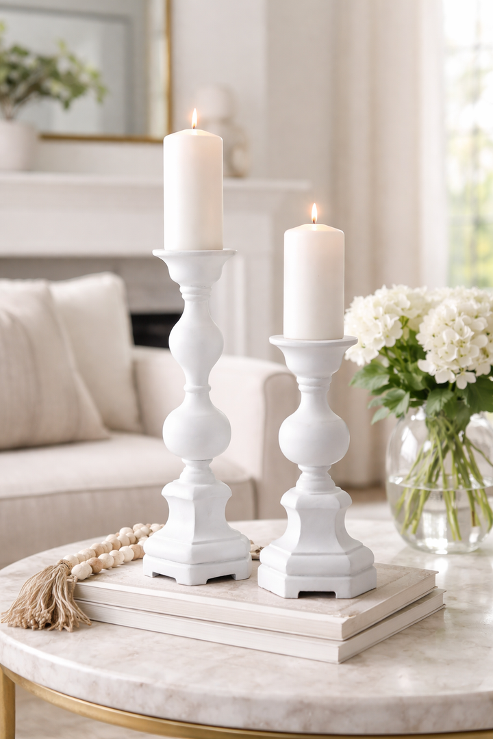 Two white candles in decorative candlesticks on a marble table with a blurred background