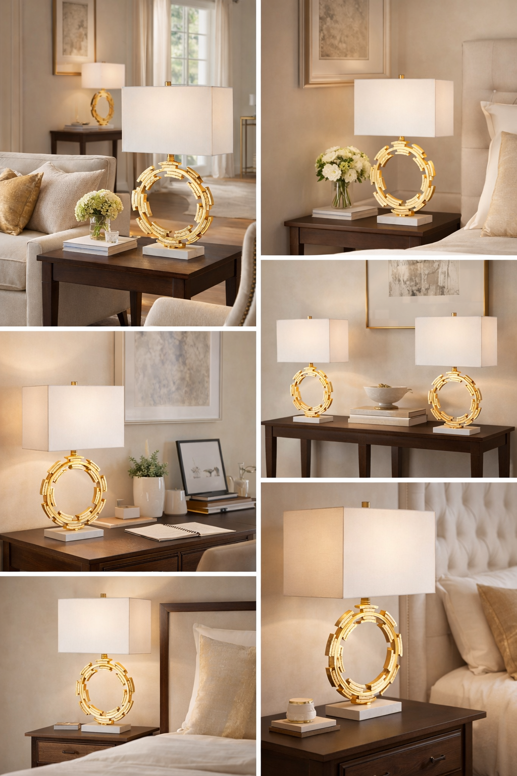 Collage of a decorative lamp on various surfaces in a home setting.