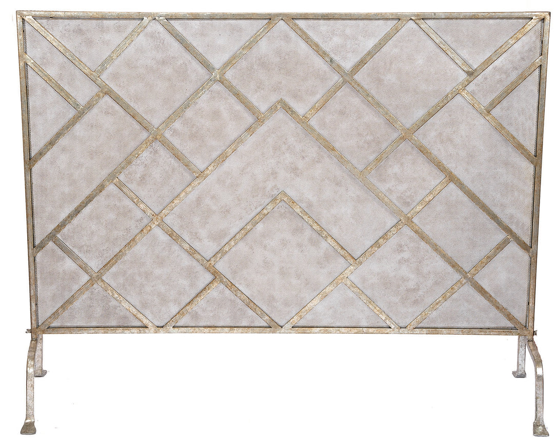 Elegant geometric fireplace screen with champagne finish, perfect for modern and contemporary living spaces.