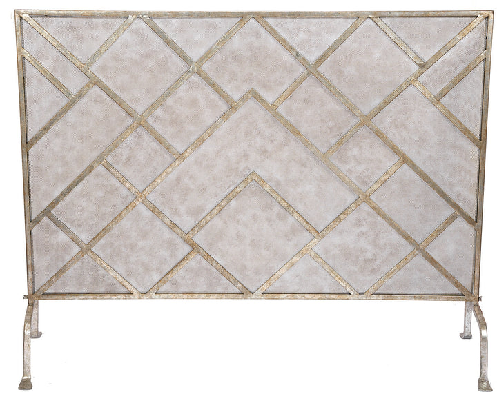Elegant geometric fireplace screen with champagne finish, perfect for modern and contemporary living spaces.