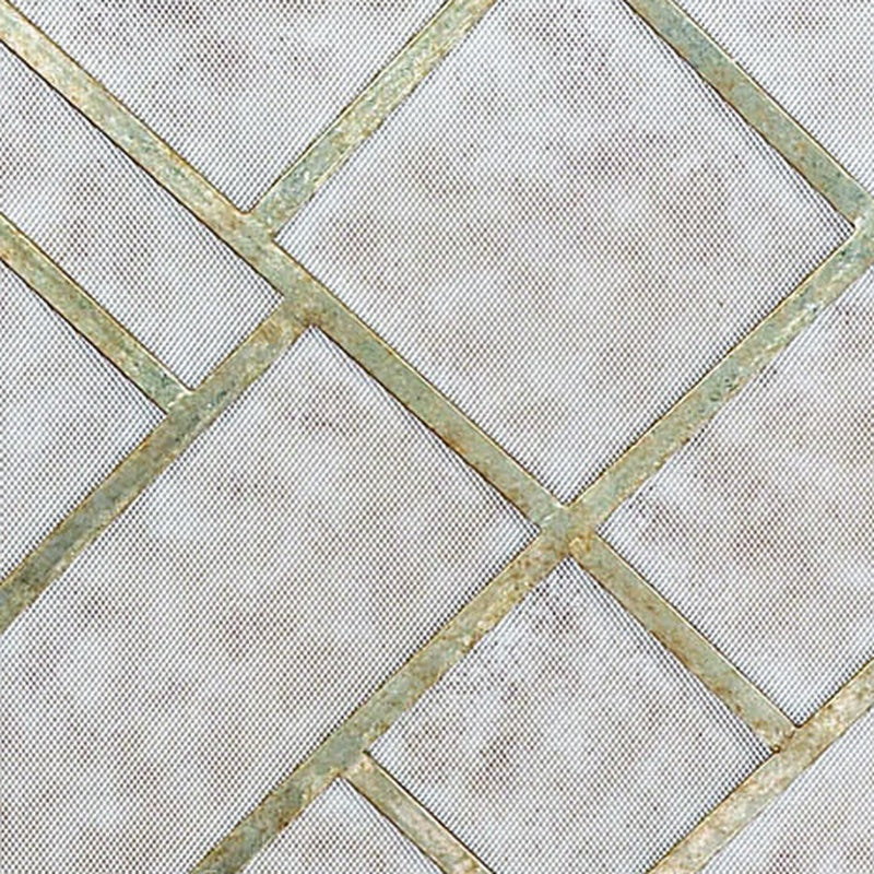 Geometric fireplace screen with gold diamond lattice mesh pattern