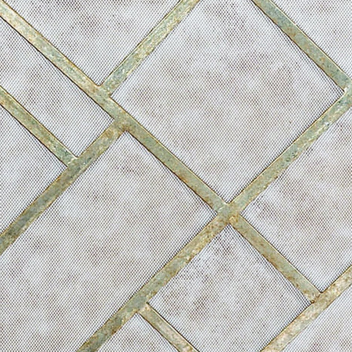 Geometric fireplace screen with gold diamond lattice mesh pattern
