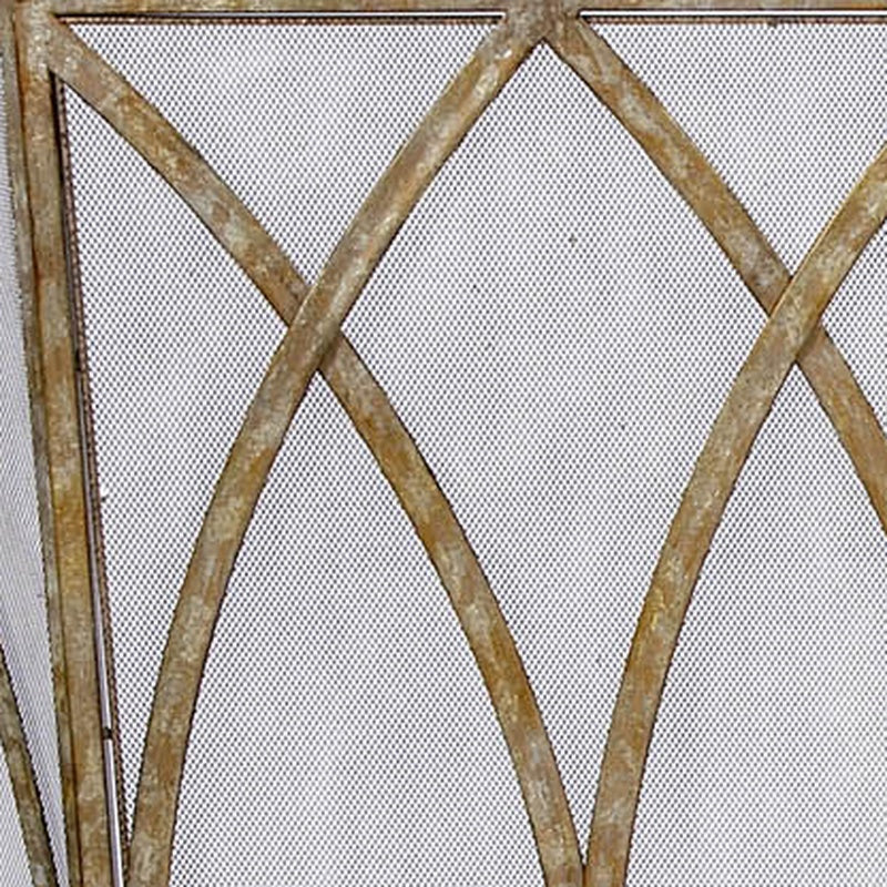 Champagne gold fireplace screen with crisscross metal frame and mesh panel