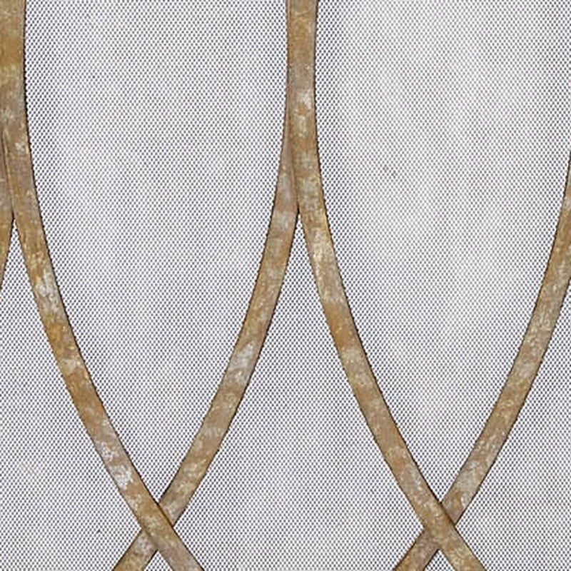 Champagne gold fireplace screen panel with intersecting metal bars and mesh backing