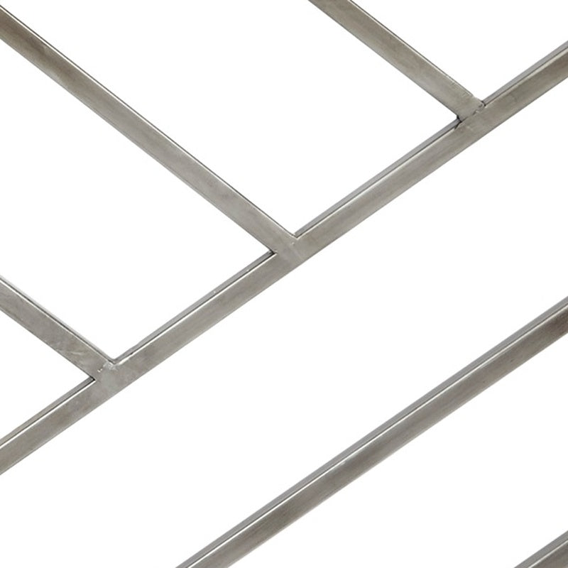 Silver metal fireplace screen frame with diamond pattern grid and cross braces