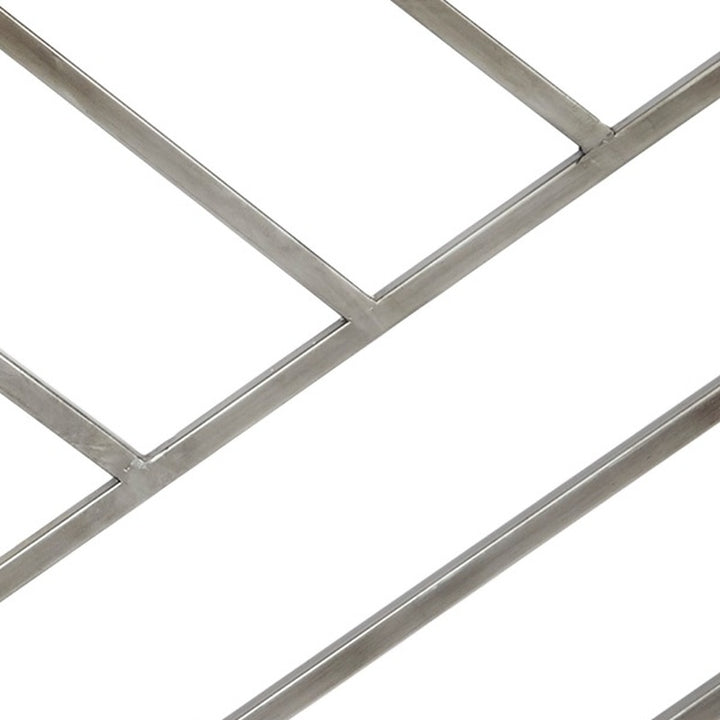 Silver metal fireplace screen frame with diamond pattern grid and cross braces