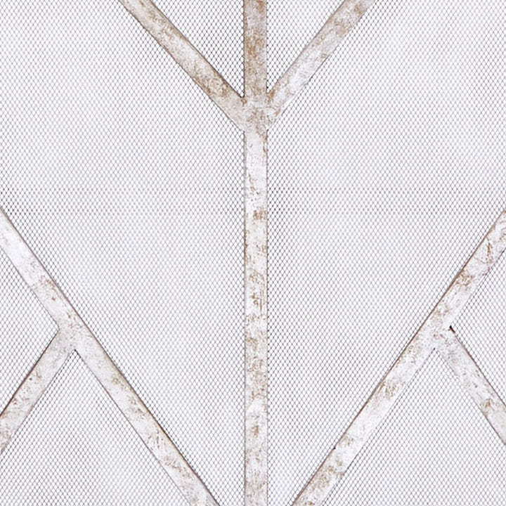 Geometric firescreen with vertical frame post and champagne-silver mesh panels