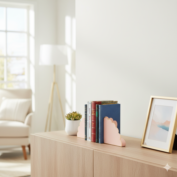 Elegant Eloise scalloped bookends in blush with gold accents, perfect for shelves, desks, or decorative displays.