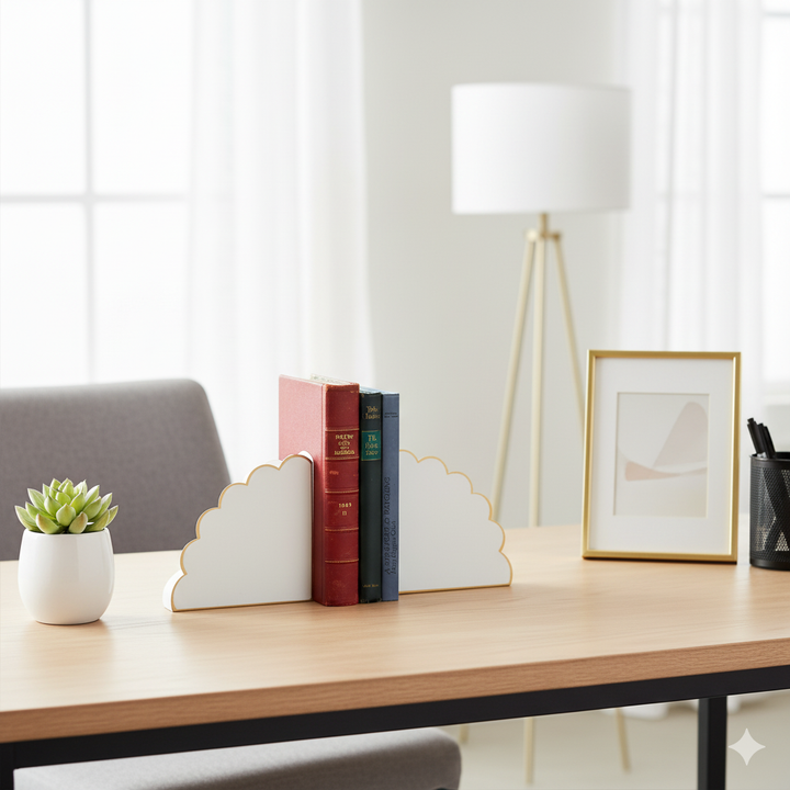 Stylish blush and gold Eloise scalloped bookends, adding a touch of luxury and modern charm to any bookshelf or workspace.