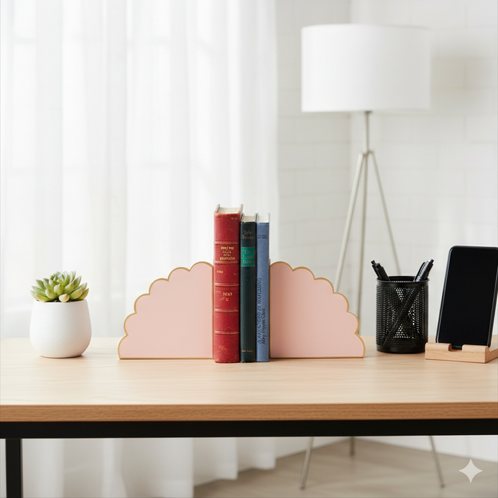 Elegant Eloise scalloped bookends in blush with gold accents, perfect for shelves, desks, or decorative displays.