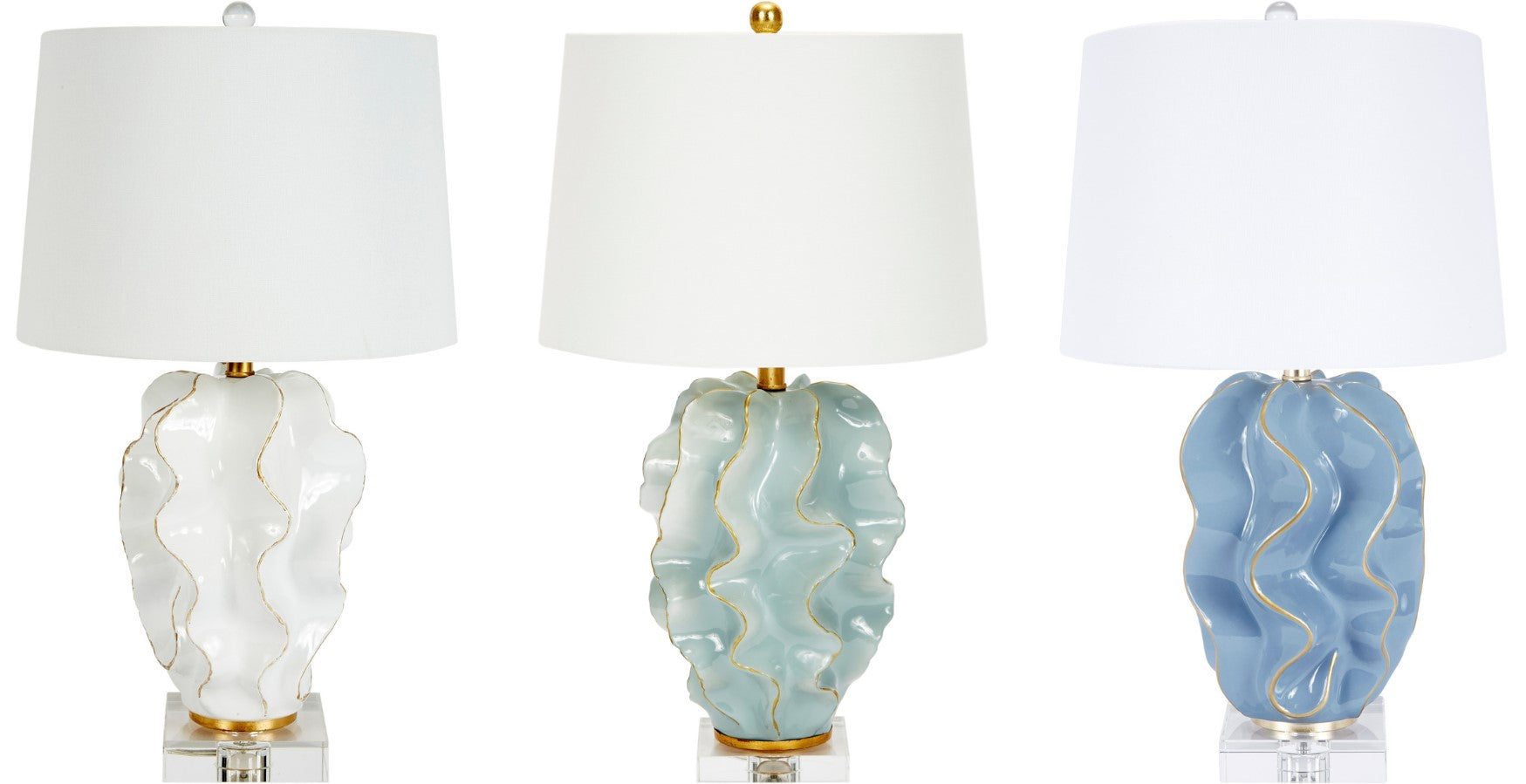 Three table lamps with unique designs on a white background