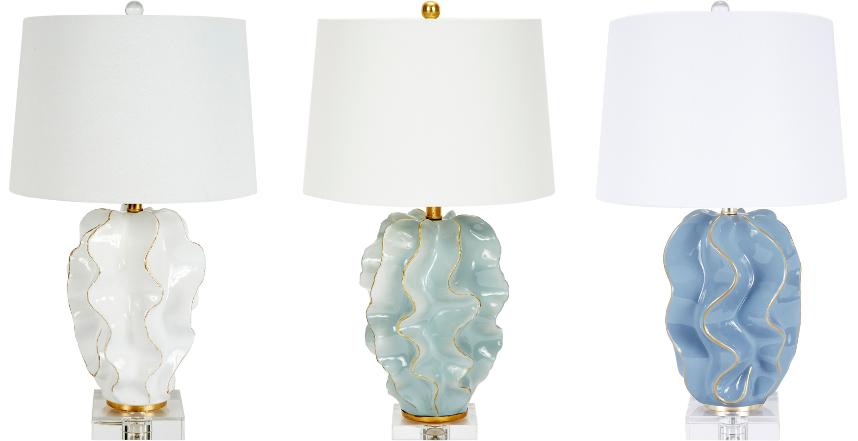 Three table lamps with unique designs on a white background