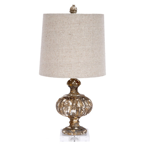 Small table lamp with gray textured linen shade and gold aged glass base