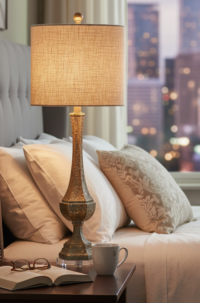 Aged gold table lamp featuring a lucite base and a soft linen shade, perfect for adding a touch of modern elegance to any room.