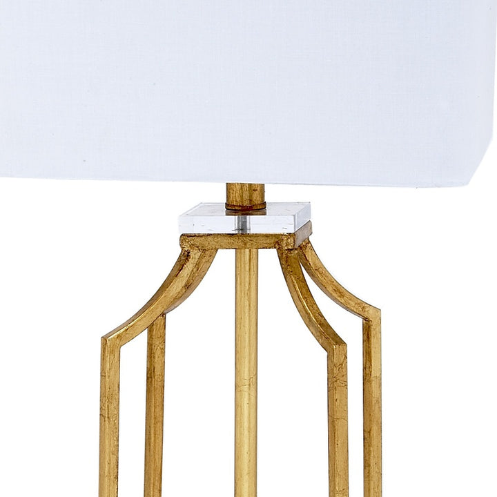 Gold-tone lucite lamp base with vertical frame and square white shade
