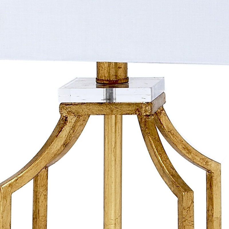 Gold-tone lamp frame with lucite top block under square white shade