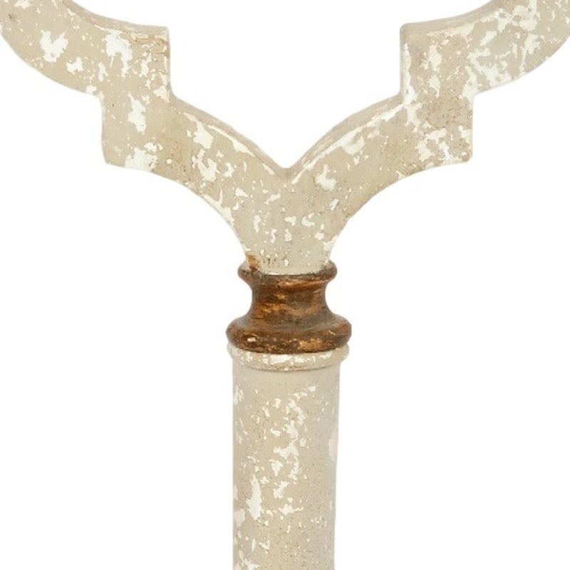 Horn-style lamp top in distressed white finish with gold-brown neck collar
