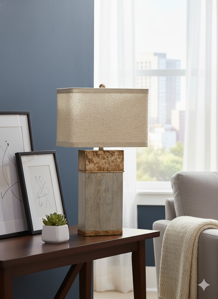 Alan square lamp with a bold cement base and antique gold accents, offering a contemporary and chic style for any space.
