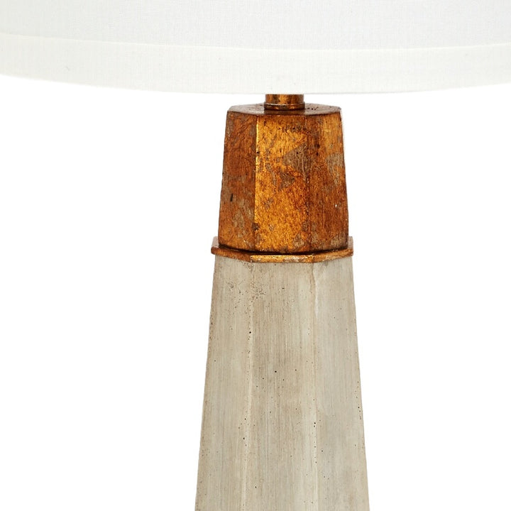 Hexagonal table lamp base with beige cement finish and rust-brown cap, gold top