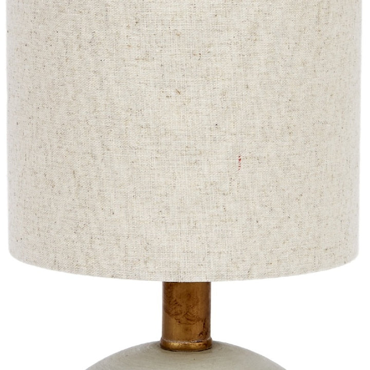 Table lamp drum shade, textured beige fabric with gold base pedestal