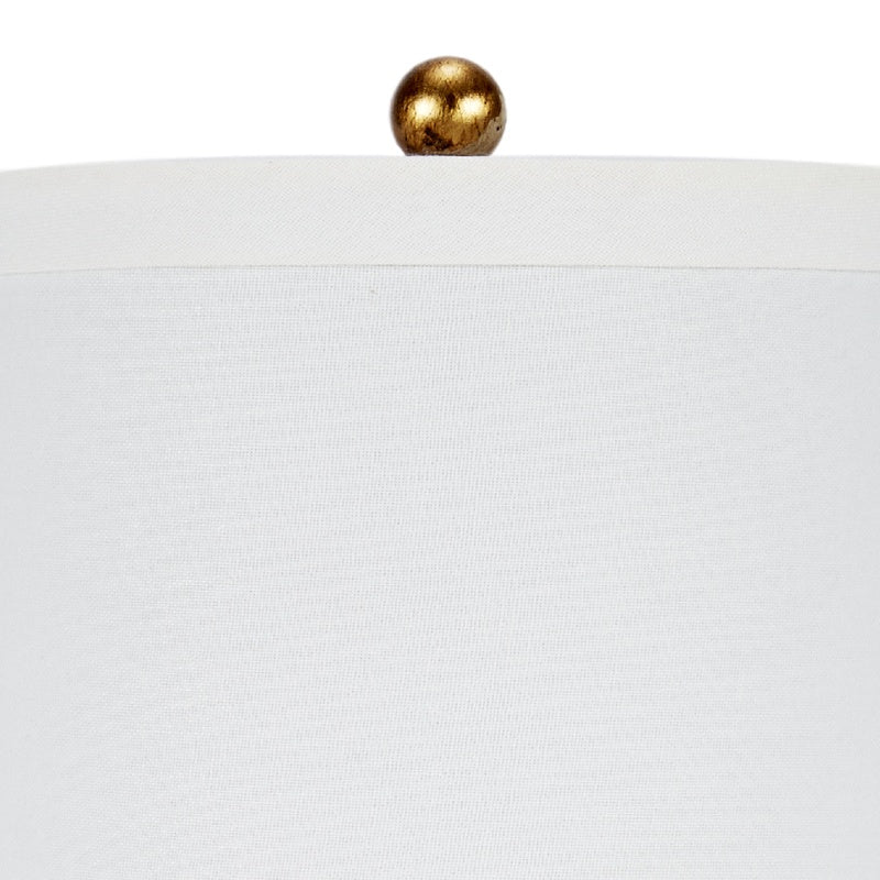 Hexagonal mini table lamp with white fabric shade and gold finial