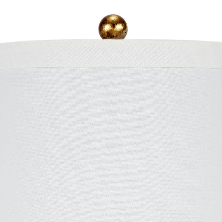Hexagonal mini table lamp with white fabric shade and gold finial