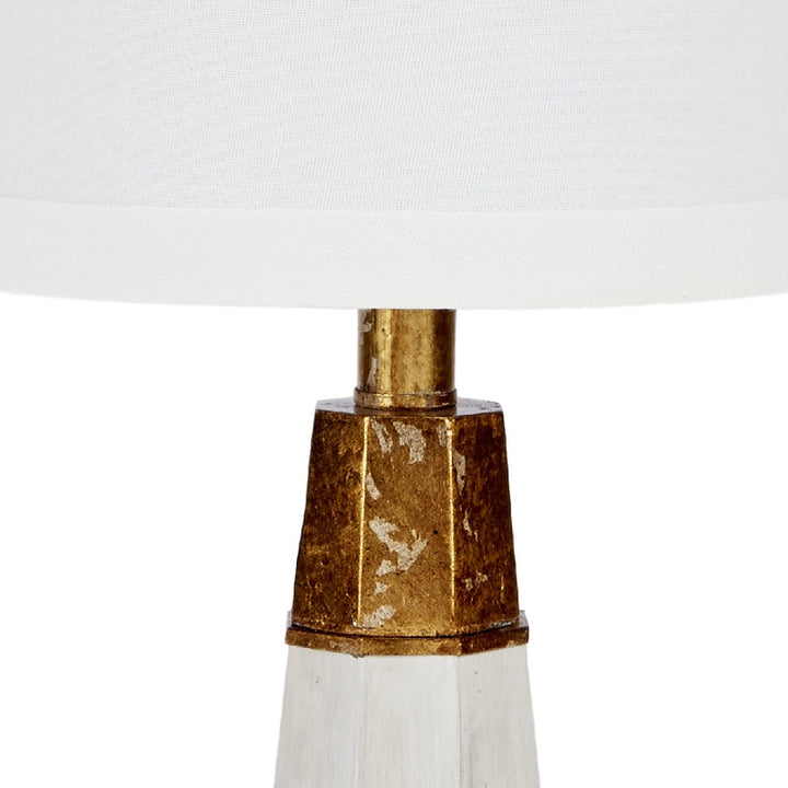 Hexagonal mini table lamp base with gold-brown finish, white band, and stem