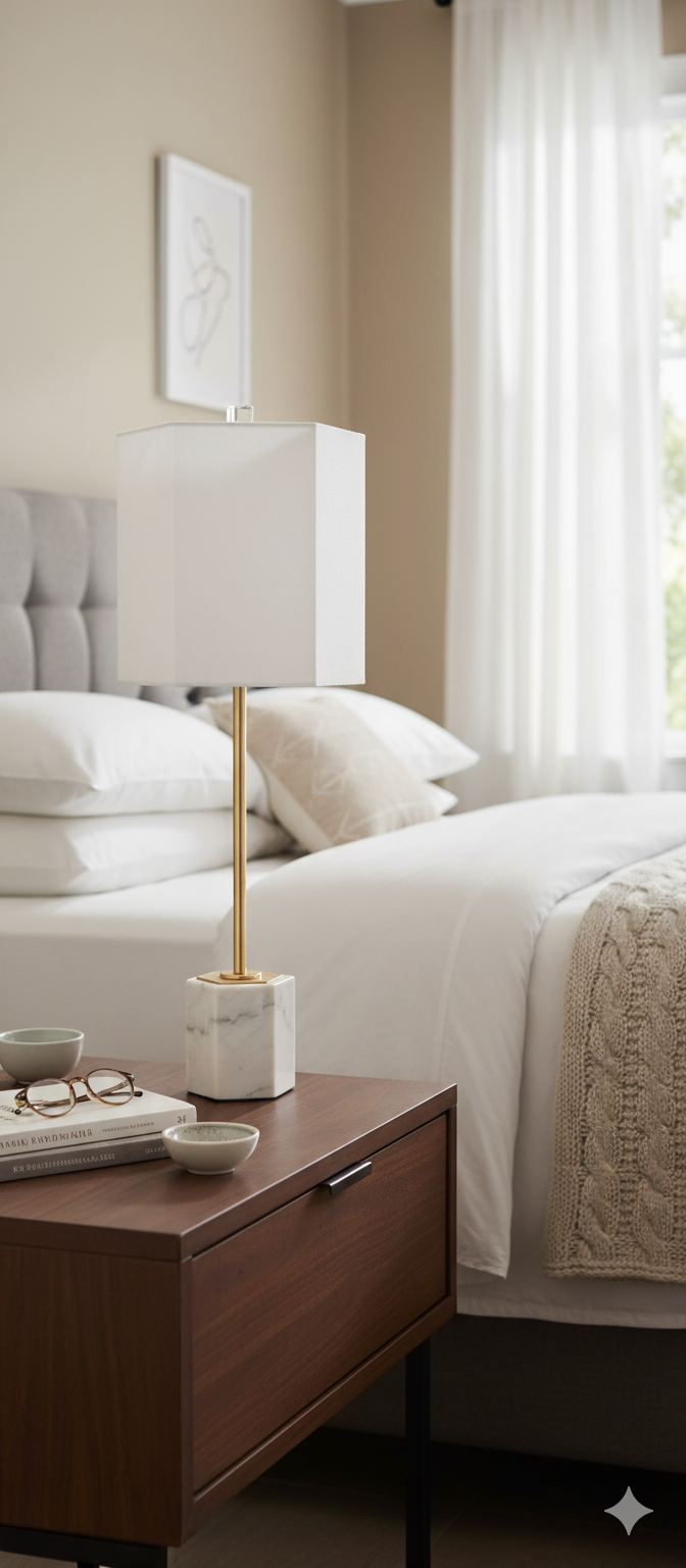 Chic Scout hexagonal marble lamp with a polished marble base and soft white linen shade, offering a refined and contemporary style to elevate any space.