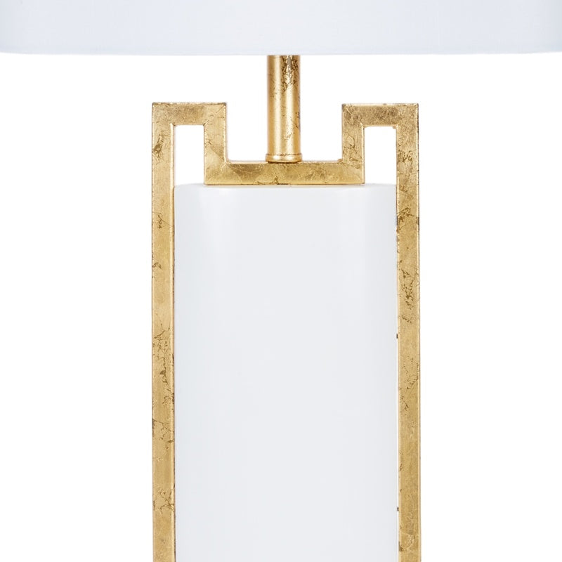 White lamp shade with gold geometric frame and vertical support pole