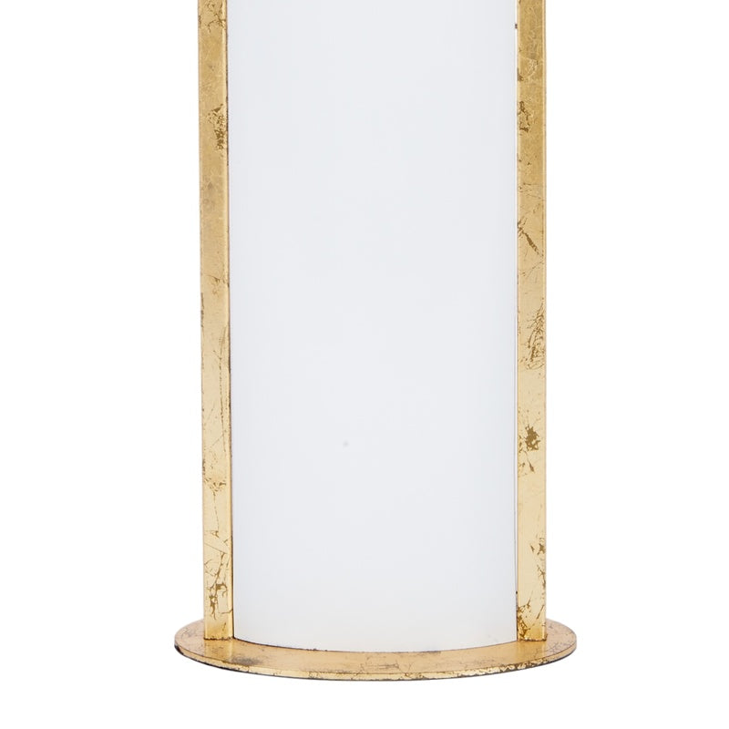 Gold pedestal base with curved edge for a white lamp shade