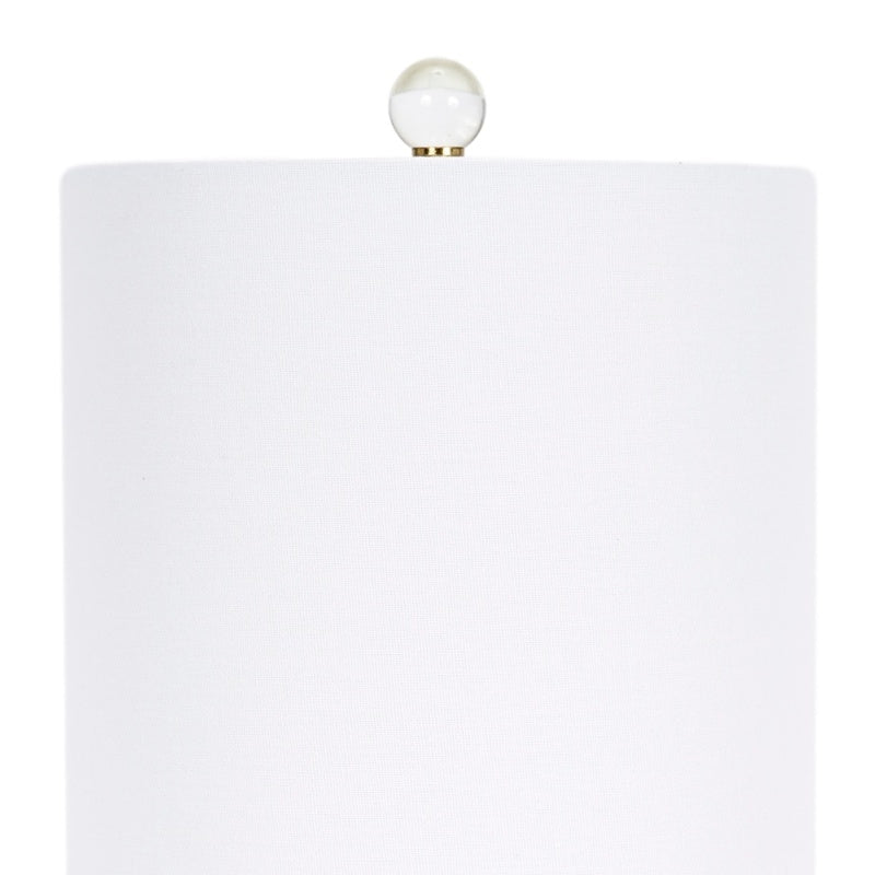 Table lamp with white linen drum shade and small globe bulb