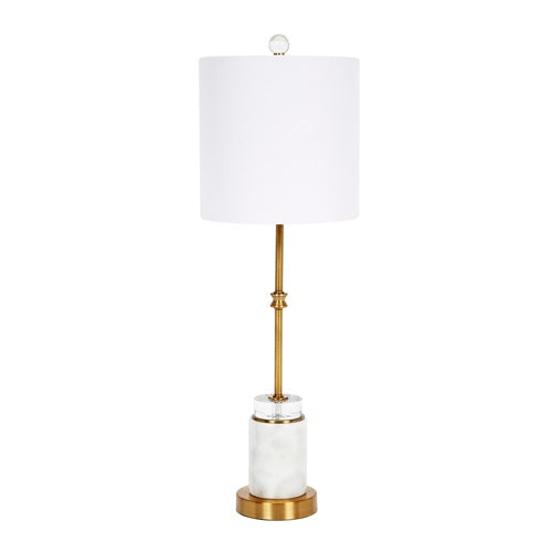 Brass and white marble table lamp with white shade.
