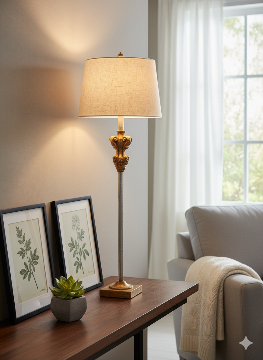 Chic Grace lamp with a refined antique gold and silver base and soft natural linen shade, bringing a sophisticated blend of luxury and warmth to your home decor.
