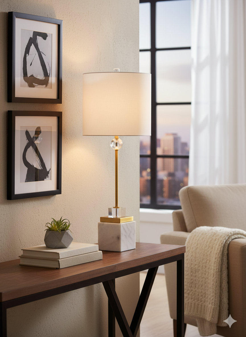 Elegant Kirk marble table lamp featuring a brass finish and a crisp white linen shade, perfect for adding sophistication to your living room or bedroom.