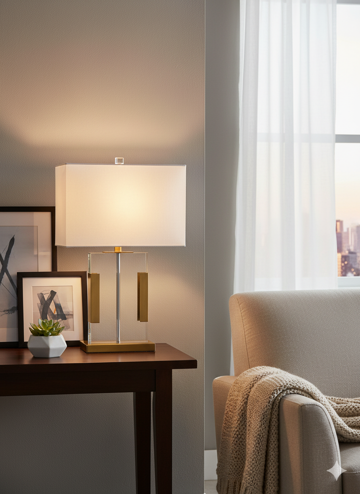 Elegant Crystal Avian table lamp featuring a crystal base and brass fittings, perfect for adding a sophisticated touch to your living room or bedroom.