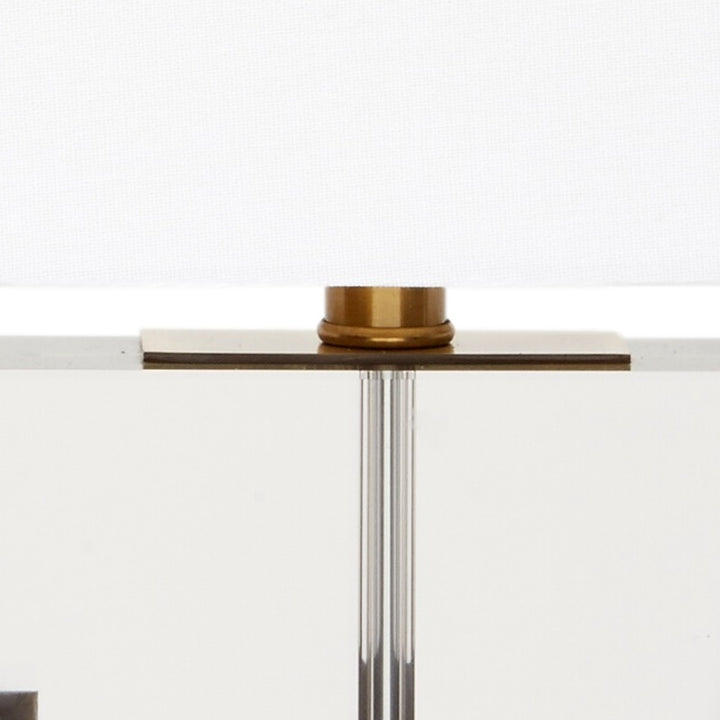 Table lamp close-up: white shade edge, brass cap, and clear vertical column