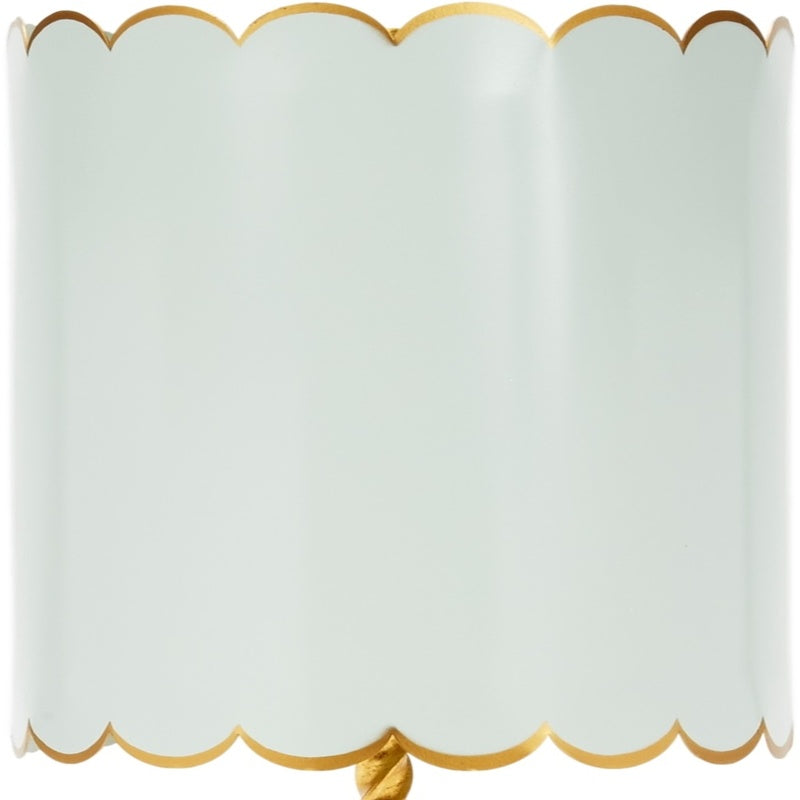 Gold-trim mint blue fabric lamp shade with scalloped edge and curved top.