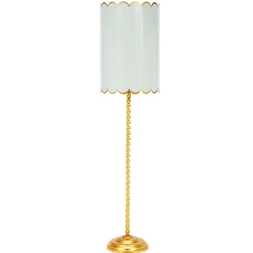 Elegant Twist buffet lamp featuring a Mint Green Shade with gold accents, perfect for adding a touch of sophistication and warmth to your dining room or entryway.