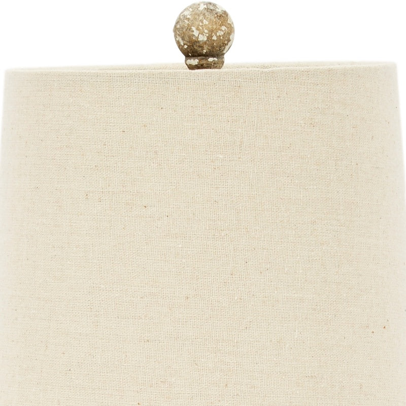 Mini flower lamp with beige fabric shade and gold speckled finial sphere