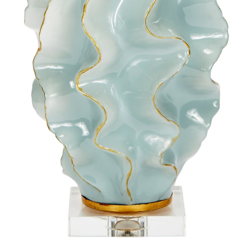 Blue ceramic table lamp base with wavy texture and gold outline