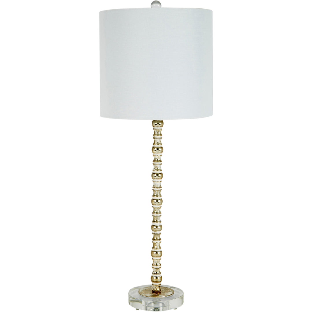 Elegant Belle table lamp featuring a white washed silver base and acrylic detailing, perfect for adding a sleek, modern touch to your living room or bedroom.