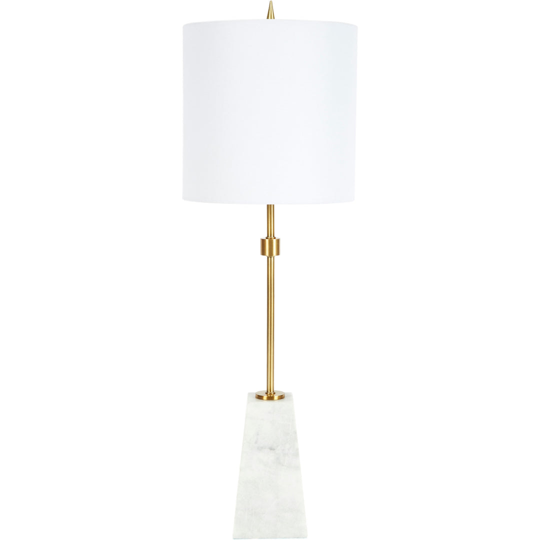 Clare white marble table lamp with elegant brass detailing, perfect for adding a luxurious touch to living rooms, bedrooms, or offices.