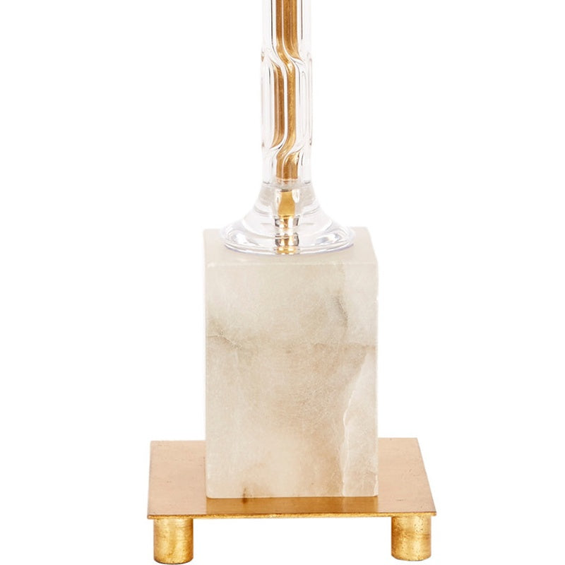 Acrylic table lamp base with alabaster block center and gold feet