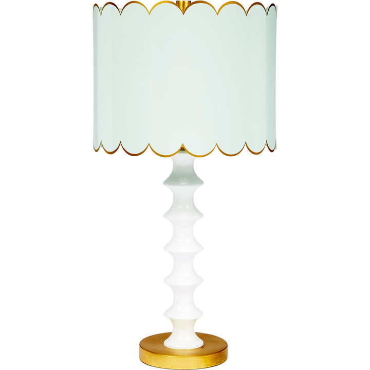 Eloise mint blue table lamp with a charming white scalloped shade, perfect for adding a playful yet elegant touch to bedrooms or living rooms.