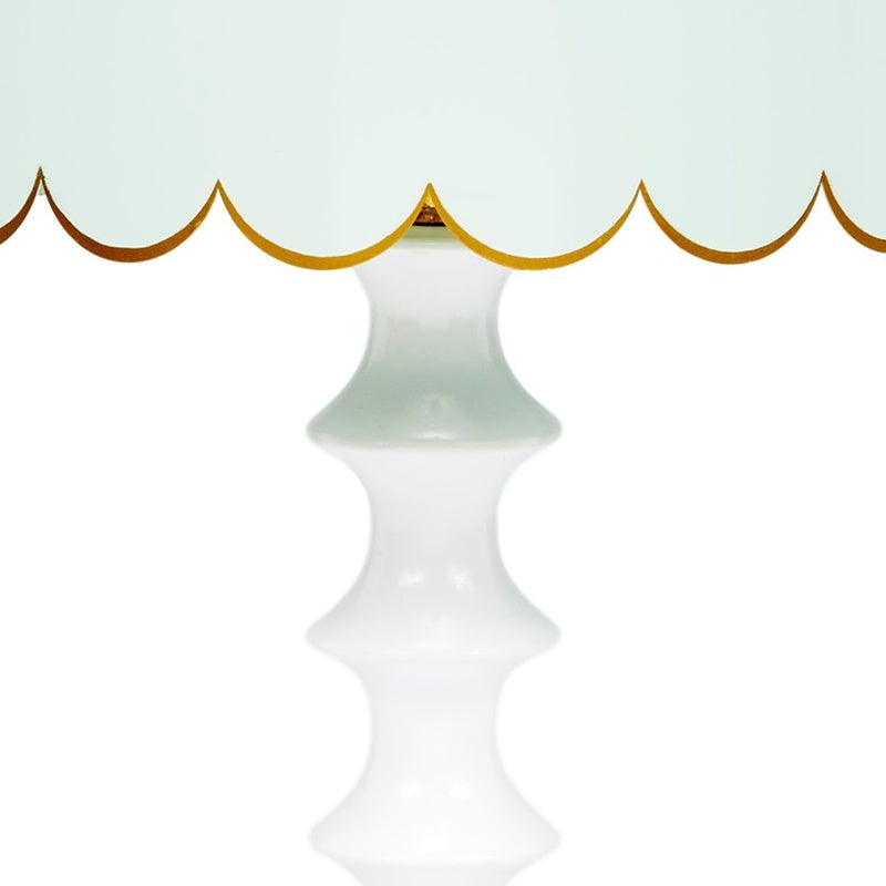 Mint blue and white table lamp body with gold top ring and fluted ceramic design.