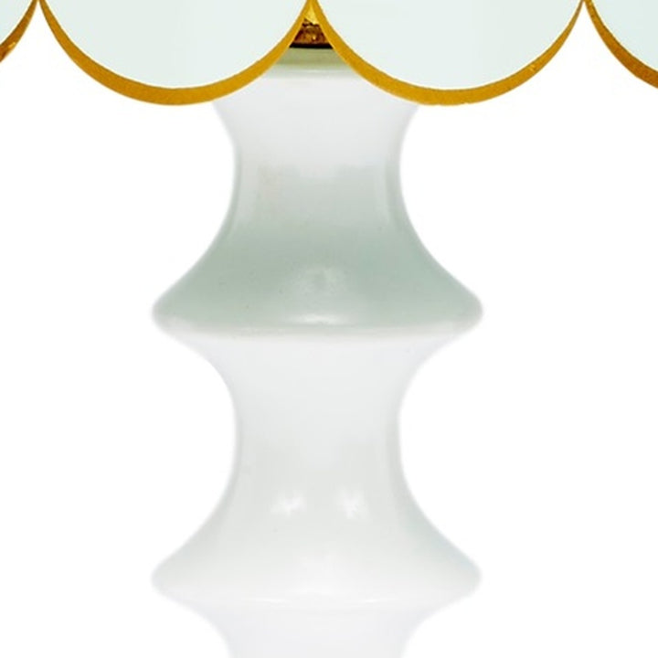 Mint blue and white table lamp ceramic column with fluted silhouette and gold top ring.